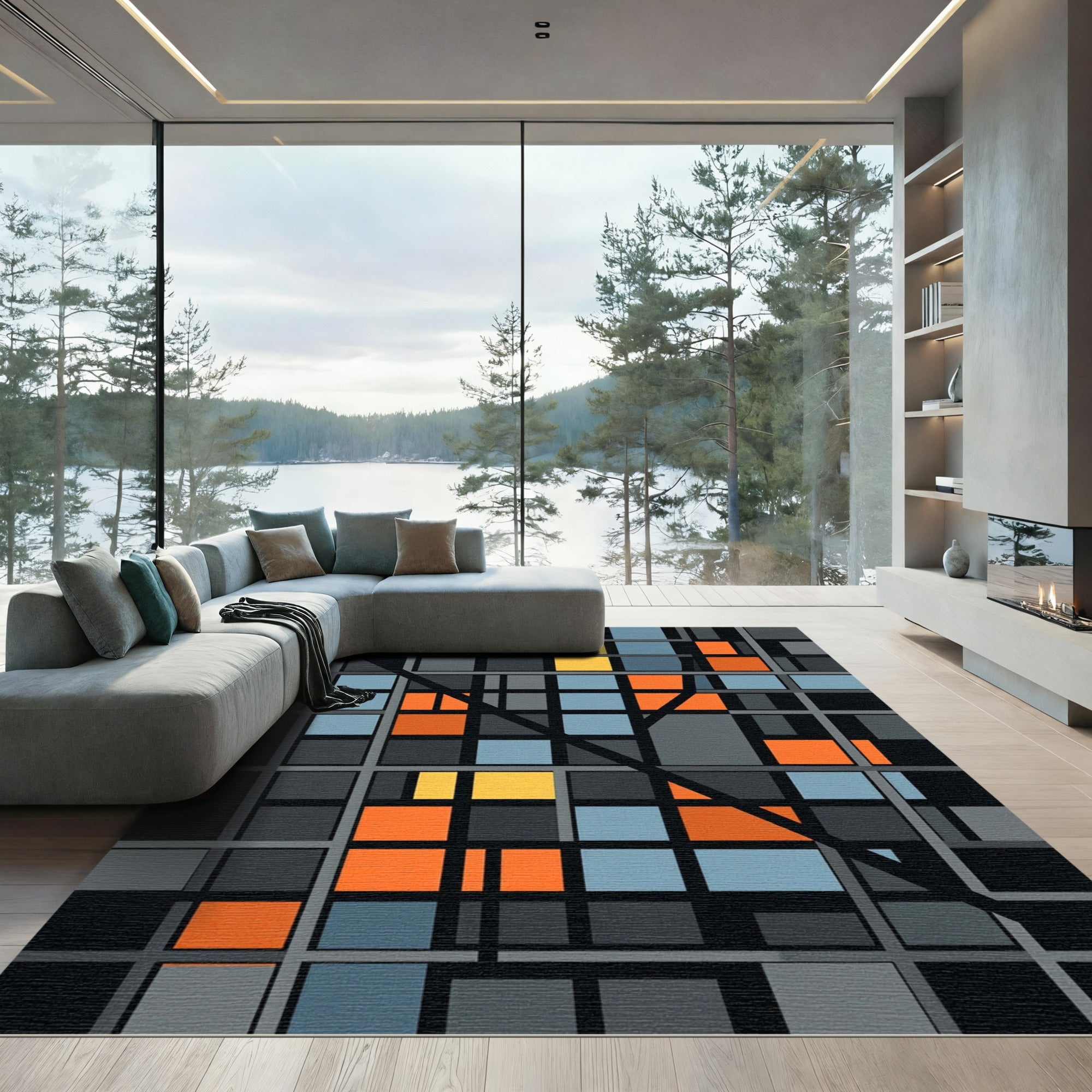 Abstract Grid Orange Blue Yellow Rug