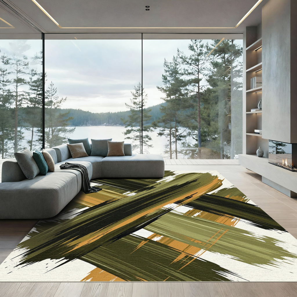 Abstract Olive and Ochre Brushstrokes Rug