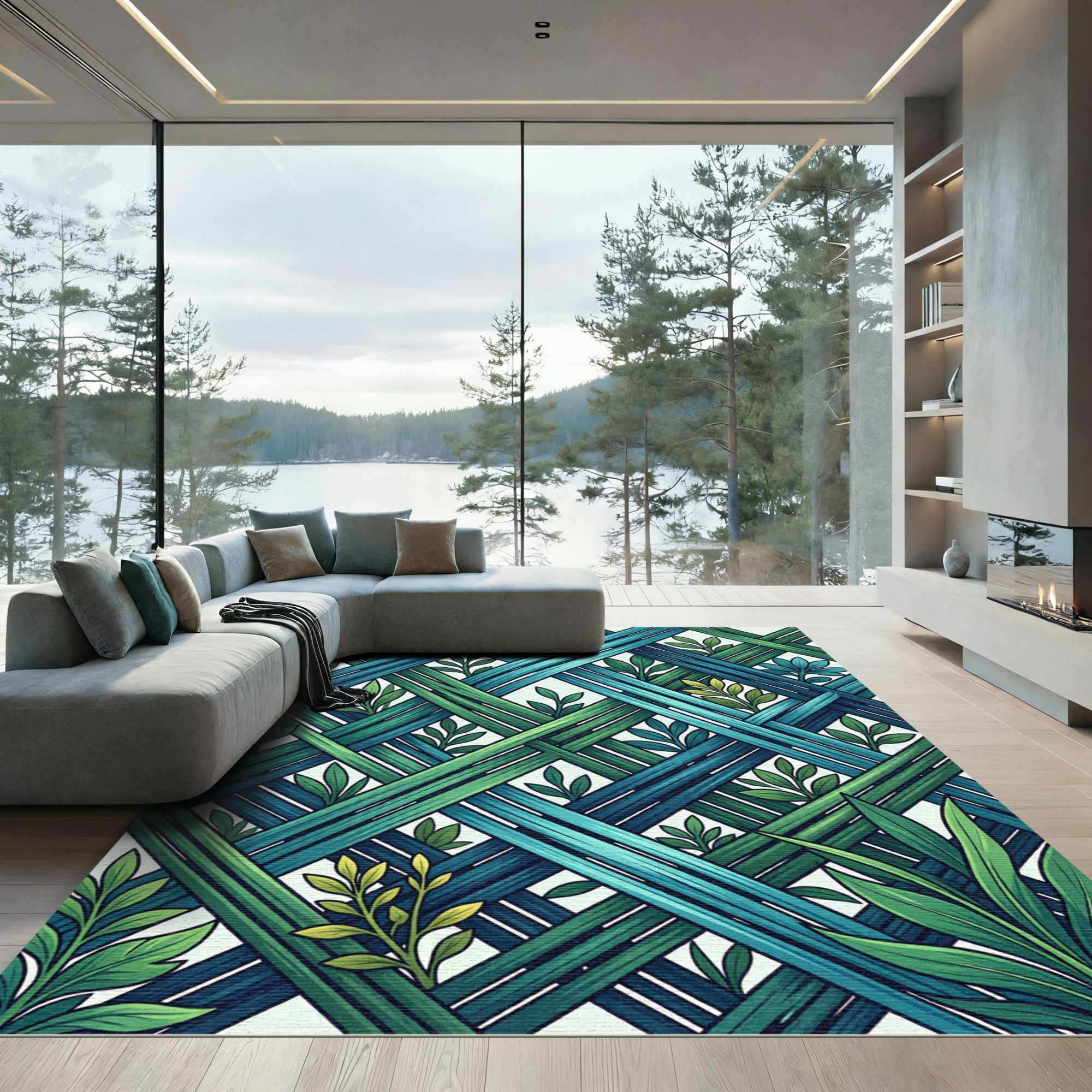 Intertwined Greenery Lattice Teal Rug