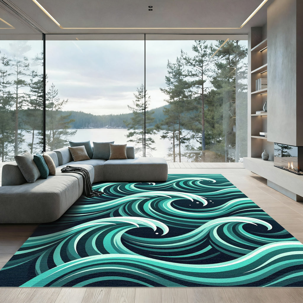 Serene Teal Flowing Ocean Wave Rug