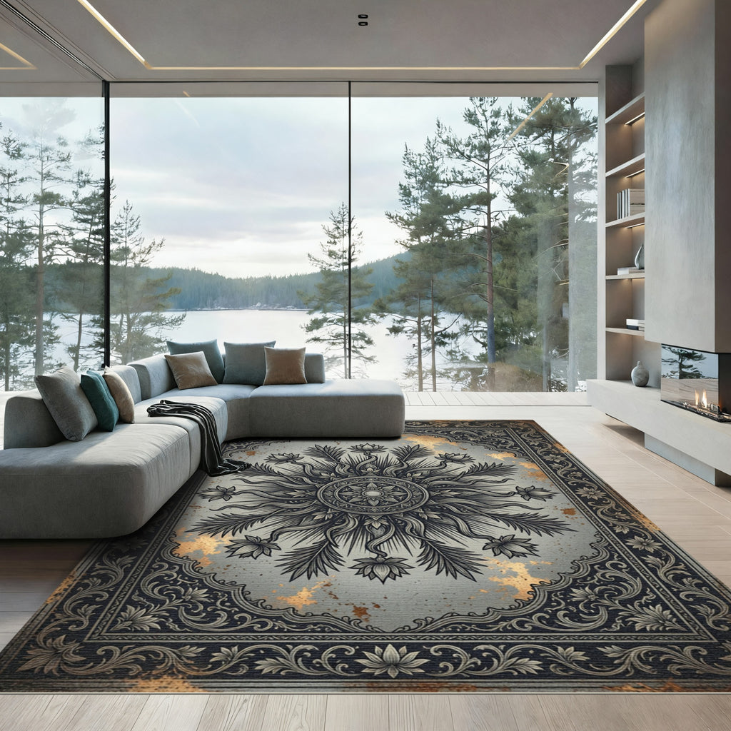 Ornate Silver Floral Mandala Antique Gold Rug