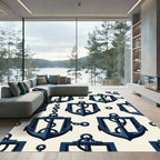 Navy Nautical Shield Anchor Grid Rug