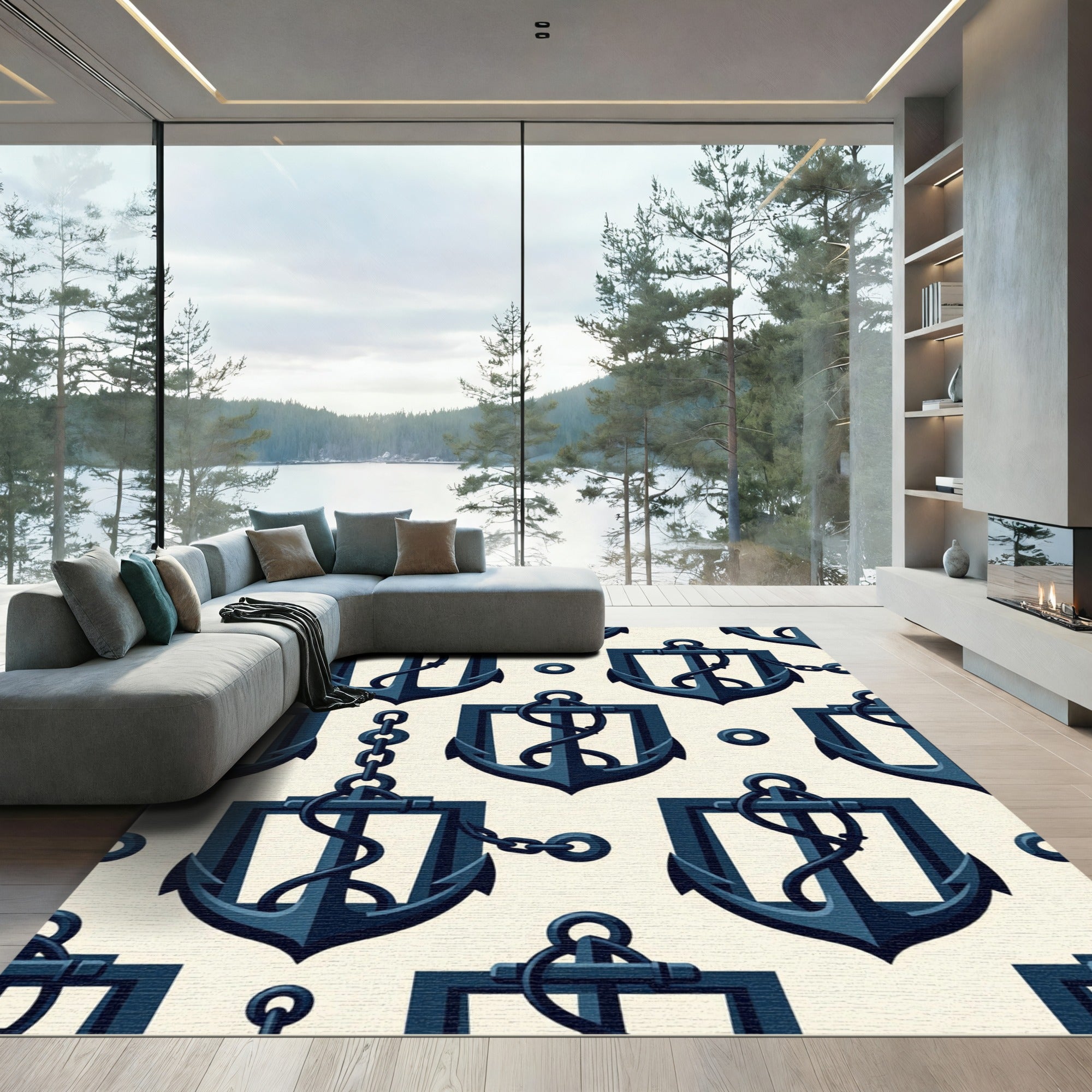 Navy Nautical Shield Anchor Grid Rug