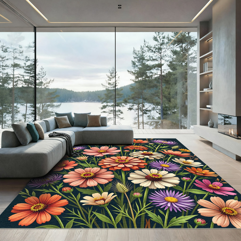 Vibrant Summer Meadow Botanical Bouquet Rug