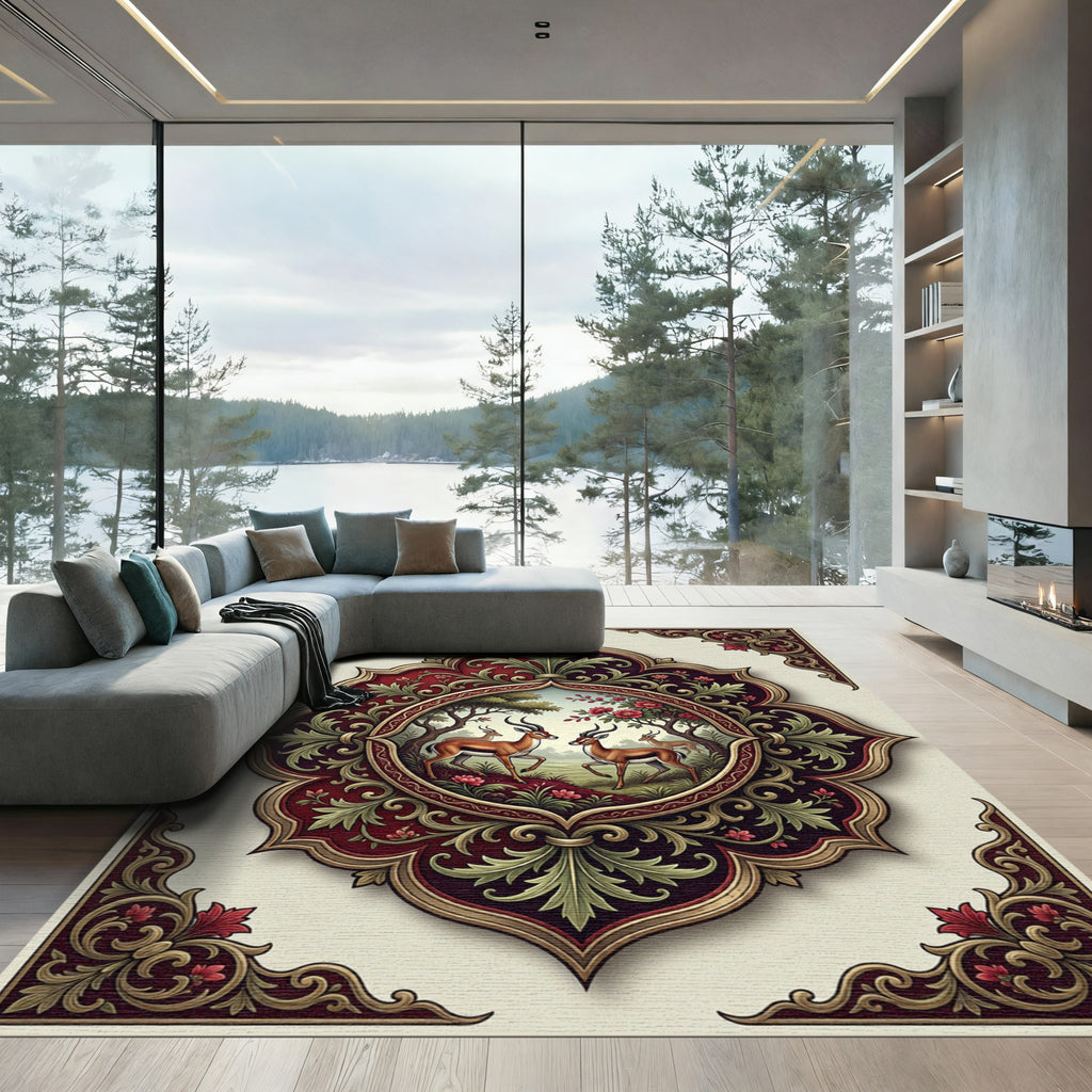 Ornate Crimson Gazelle Medallion Border Rug