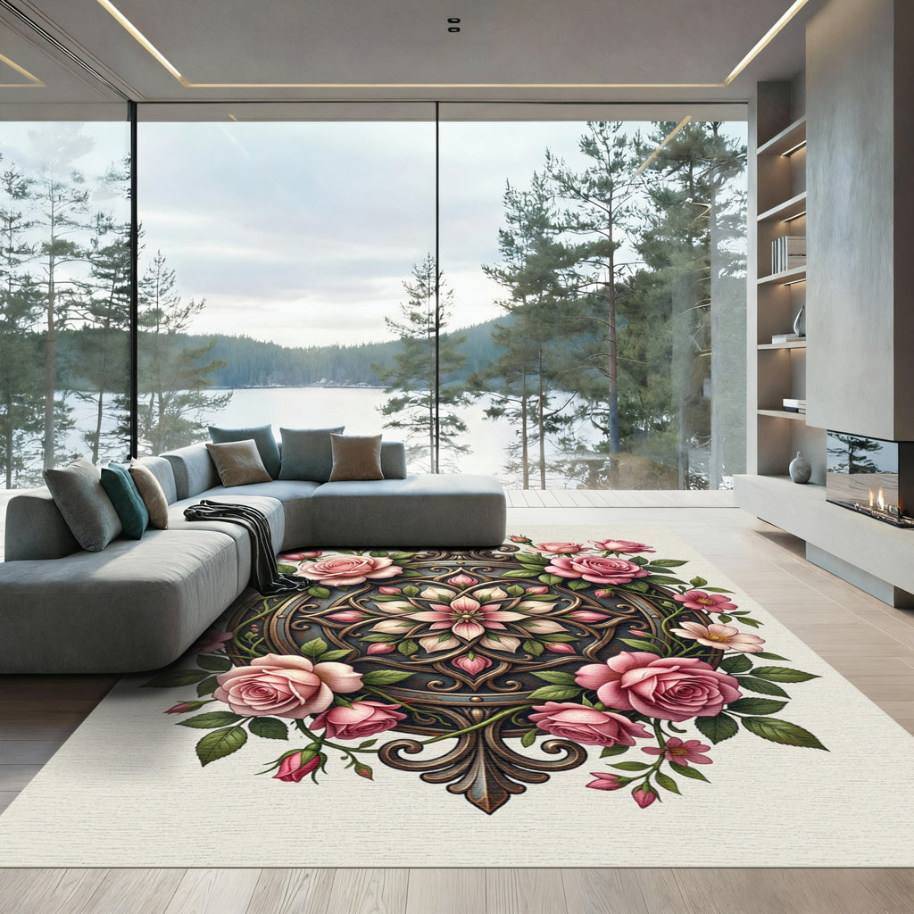 Elegant Blush Rose Floral Medallion Accent Rug