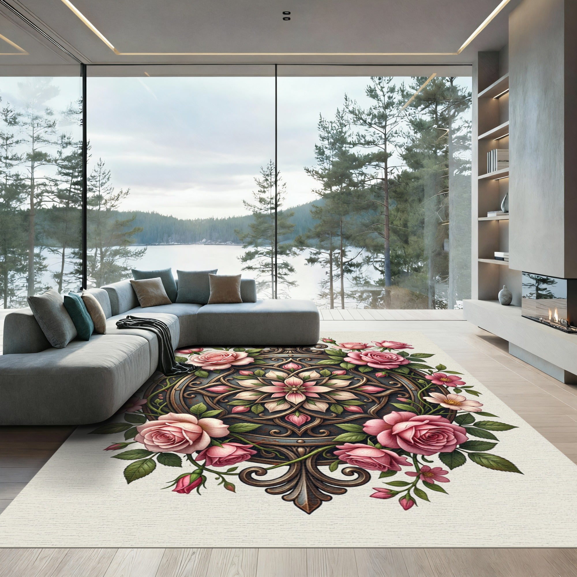 Elegant Blush Rose Floral Medallion Accent Rug