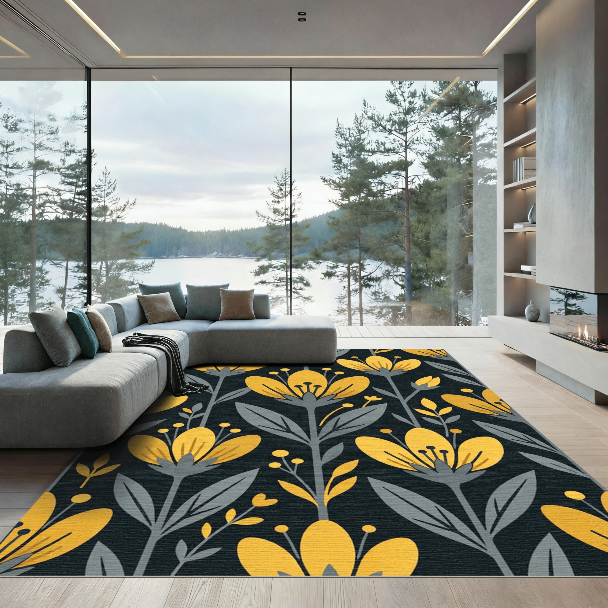 Mid Century Golden Floral Botanical Rug