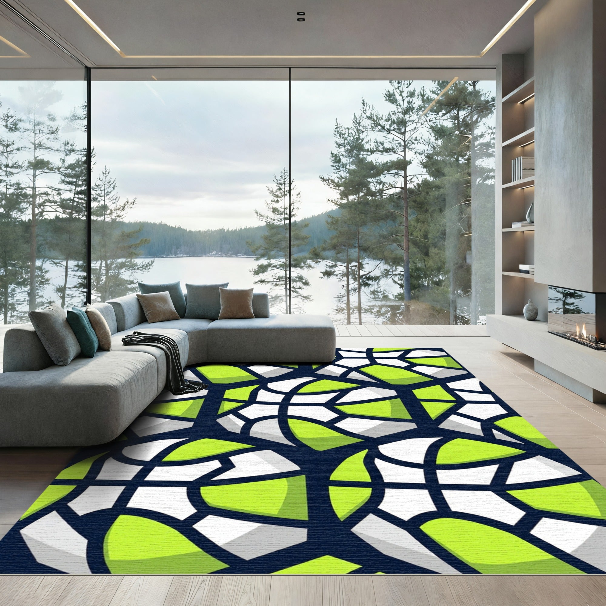 Lime and White Geometric Hexagon Sphere Rug