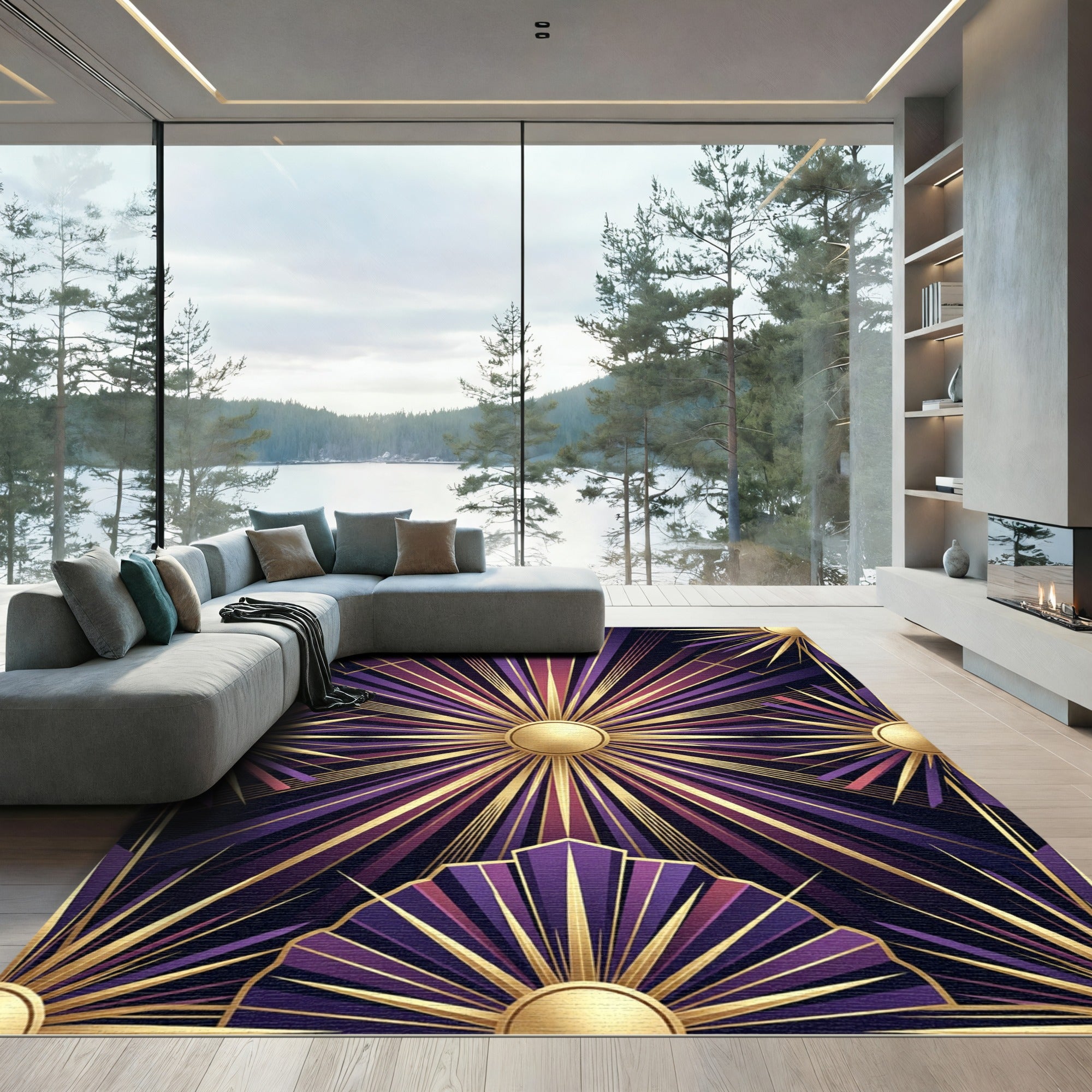 Art Deco Sunburst Purple Gold Rug