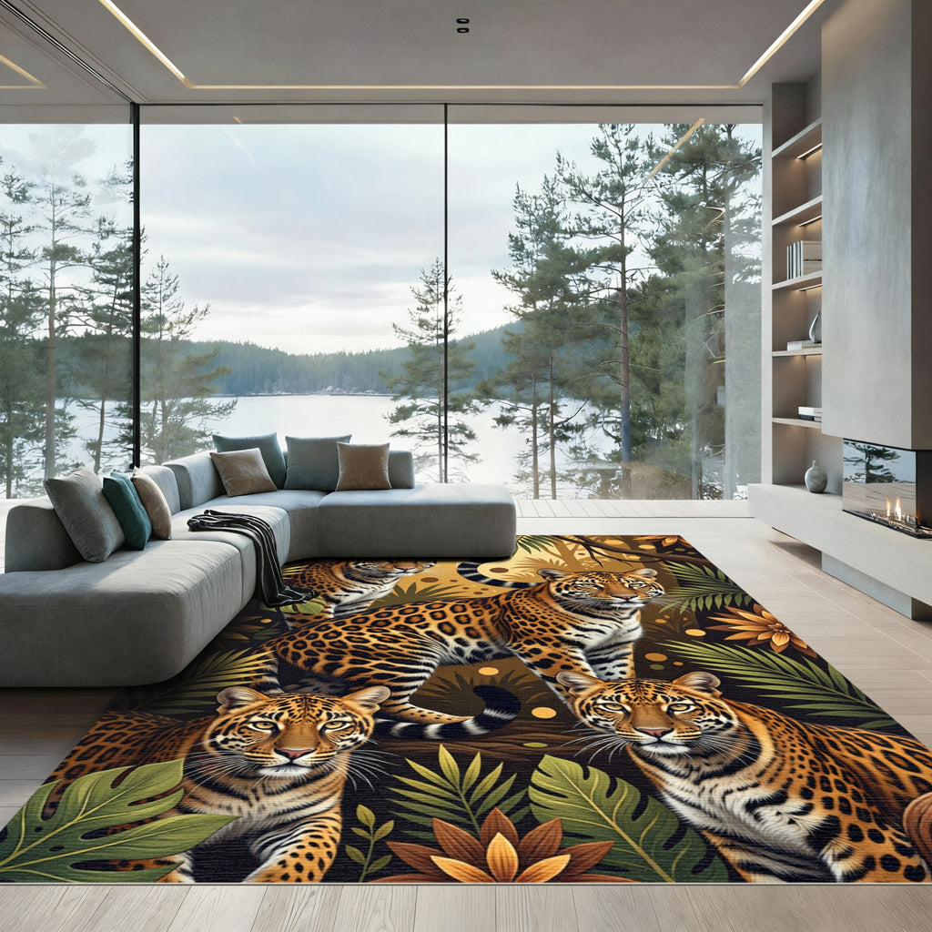 Four Jaguars Amidst Golden Jungle Foliage Rug