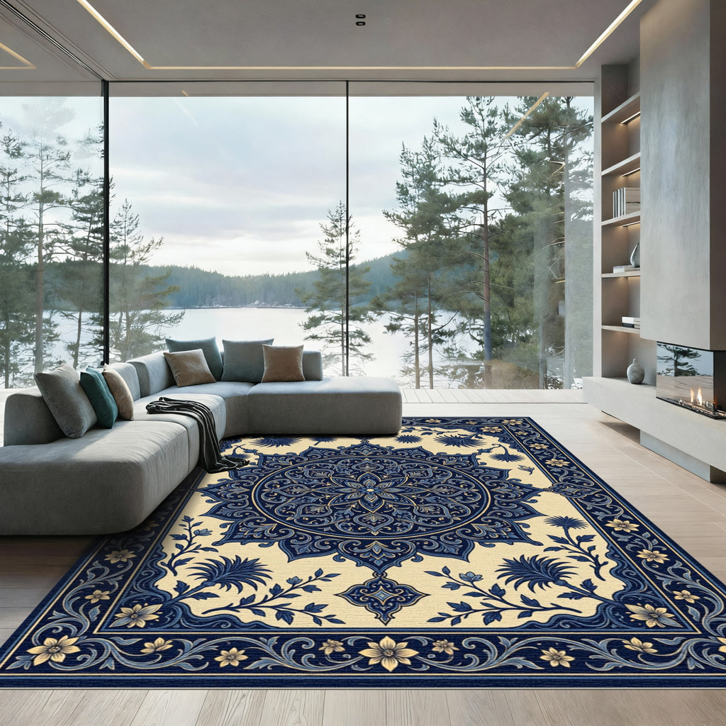 Deep Blue Floral Medallion Border Rug