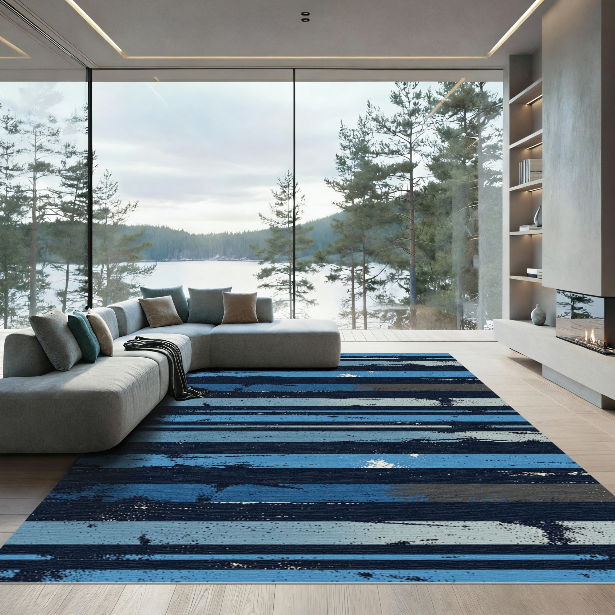 Textured Navy and Blue Linear Stripe Rug