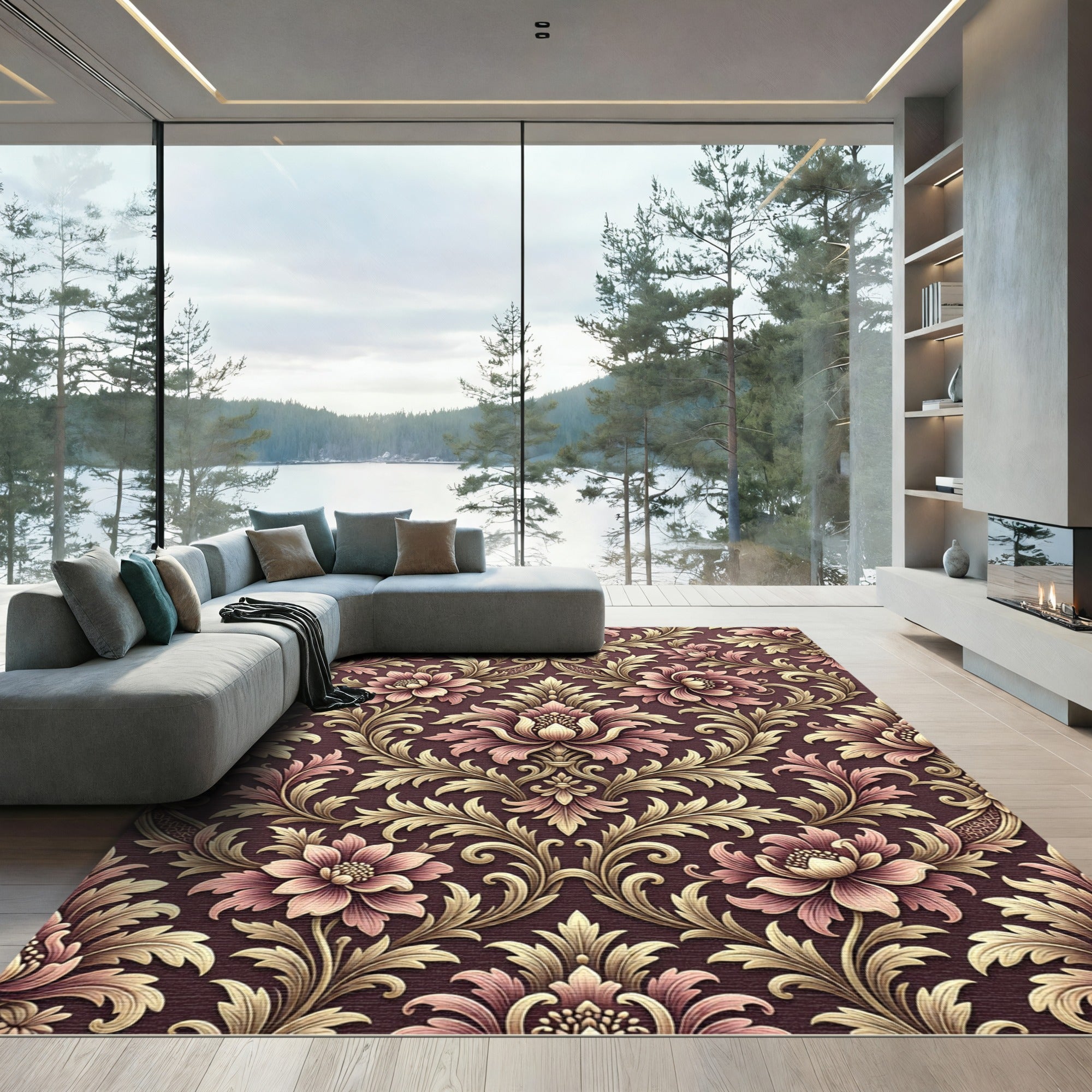 Ornate Floral Damask Burgundy Gold Rug