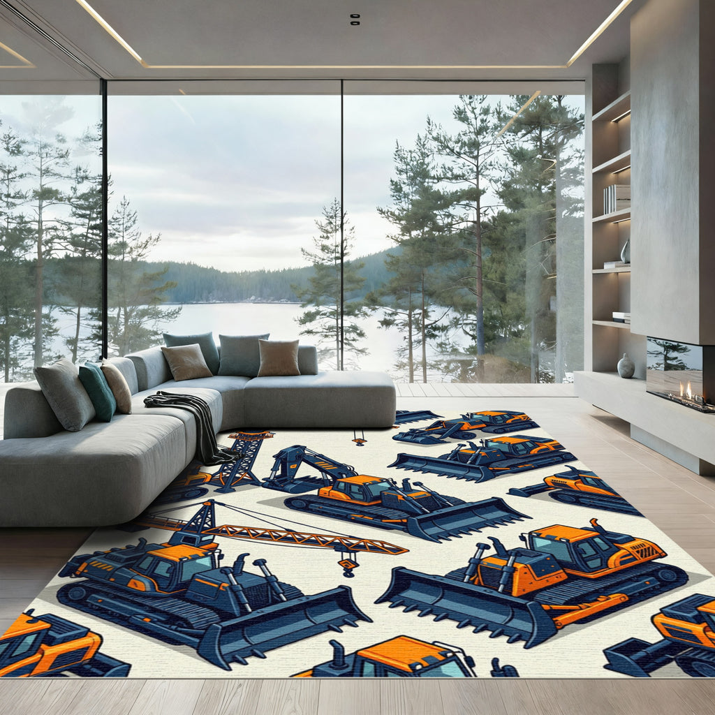 Isometric Orange Construction Machinery Illustrative Rug