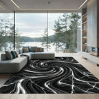 Black White Swirling Lightning Vortex Rug