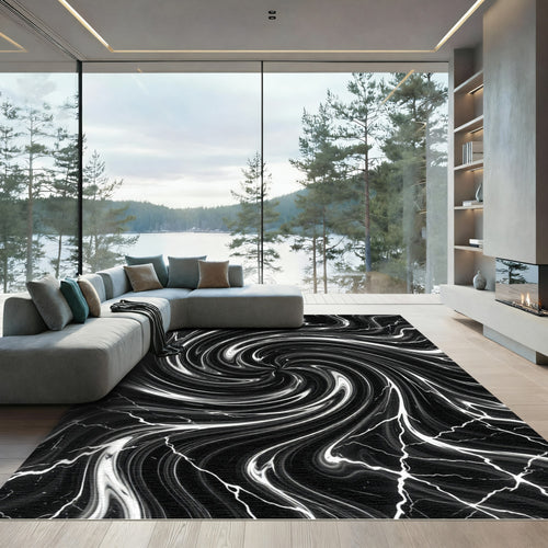 Black White Swirling Lightning Vortex Rug