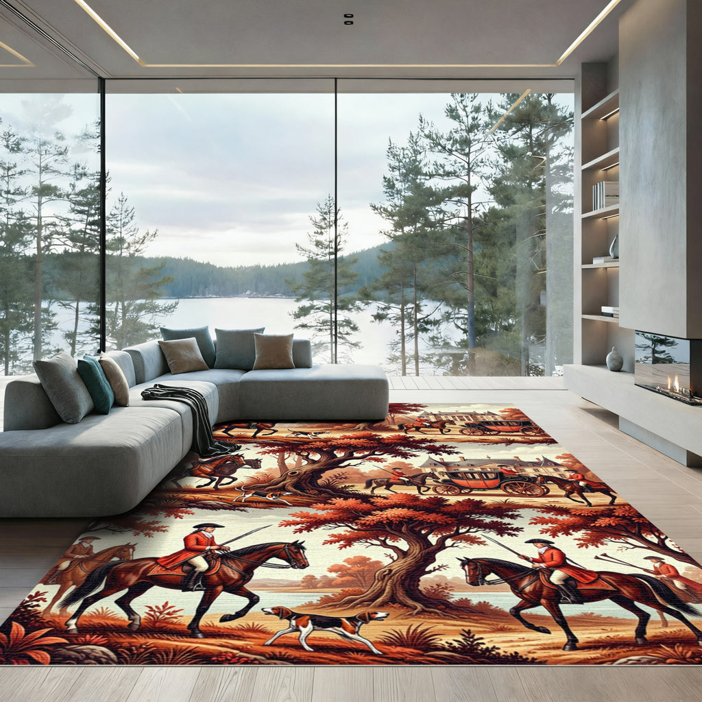 Hunting Scene Horse Carriage Autumn Foliage Rug