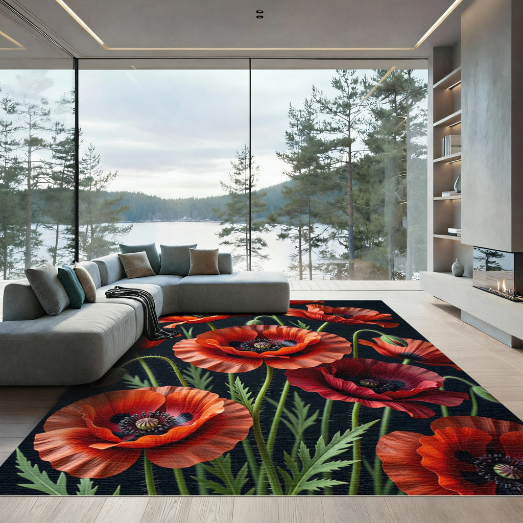 Vibrant Scarlet Poppy Botanical Rug