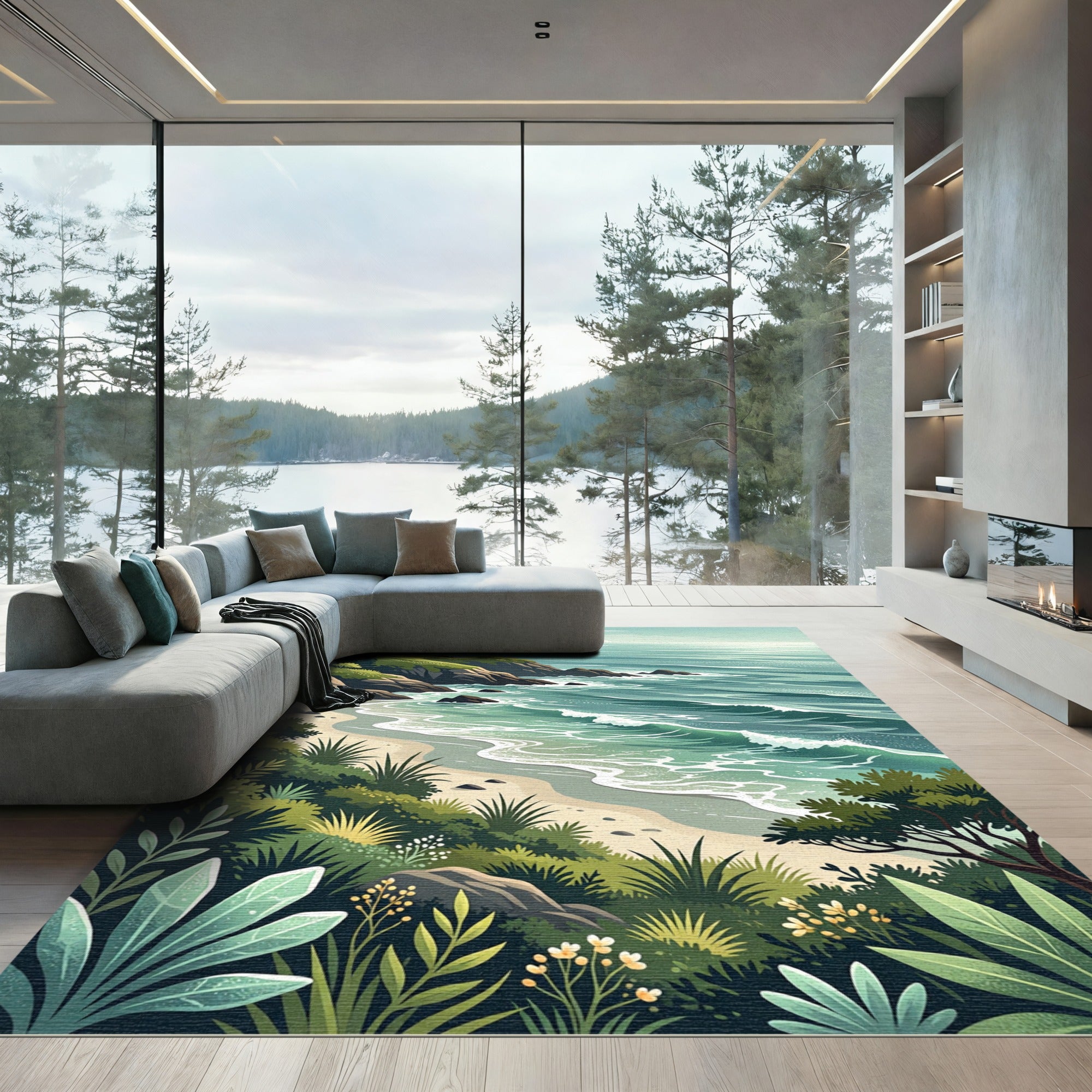 Coastal Cliffside Ocean Landscape Art Rug