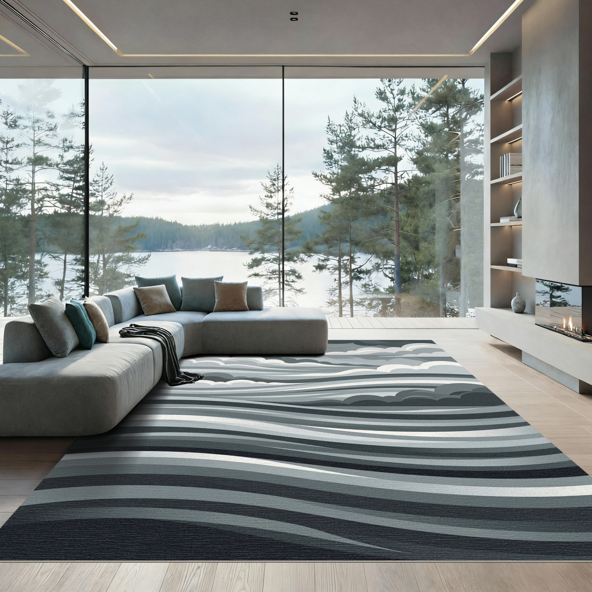 Monochrome Abstract Stormy Ocean Wave Rug