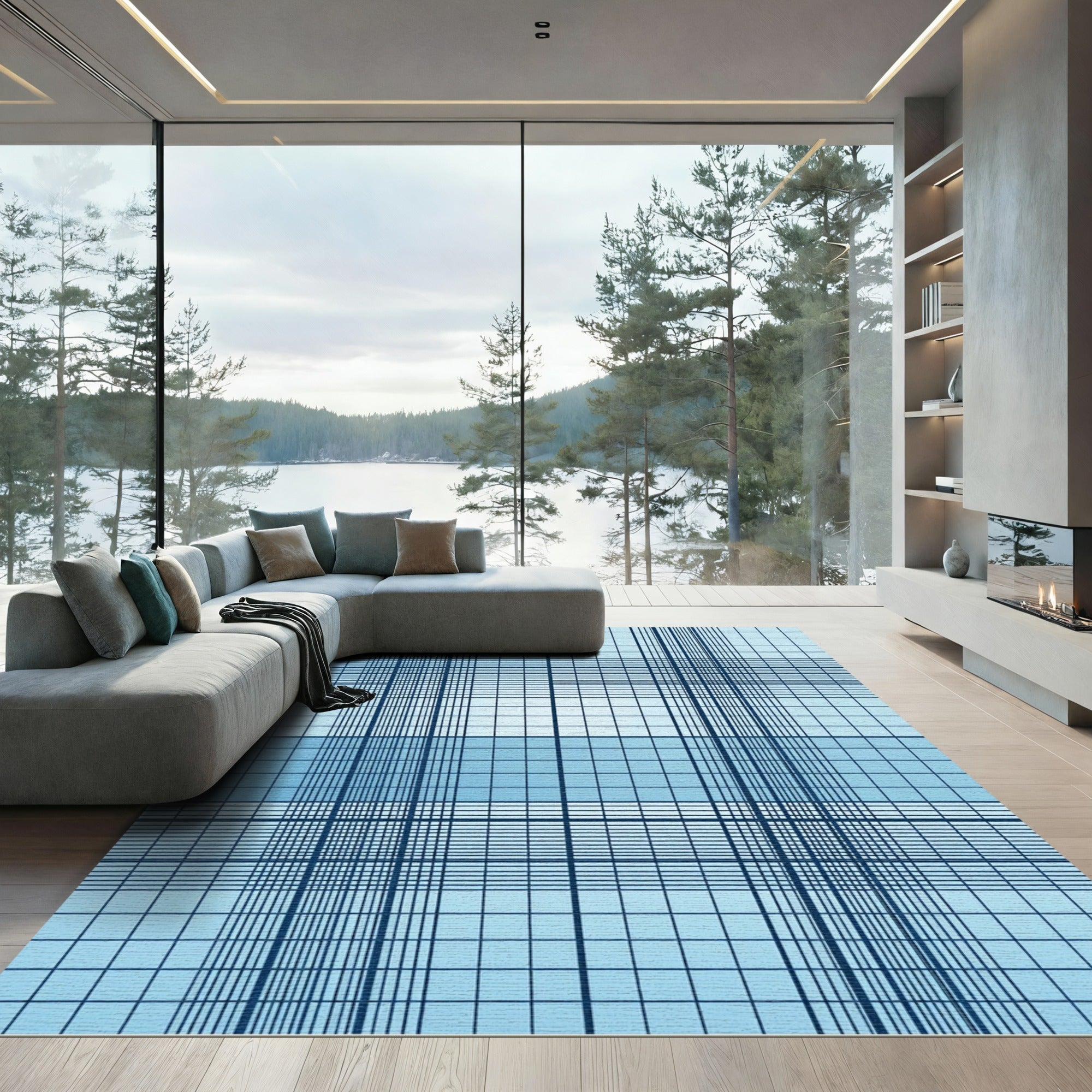 Modern Light Blue Grid Plaid Rug