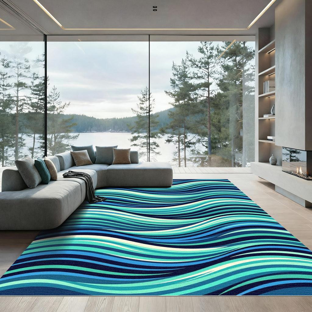 Abstract Blue Ocean Wave Swirls Rug
