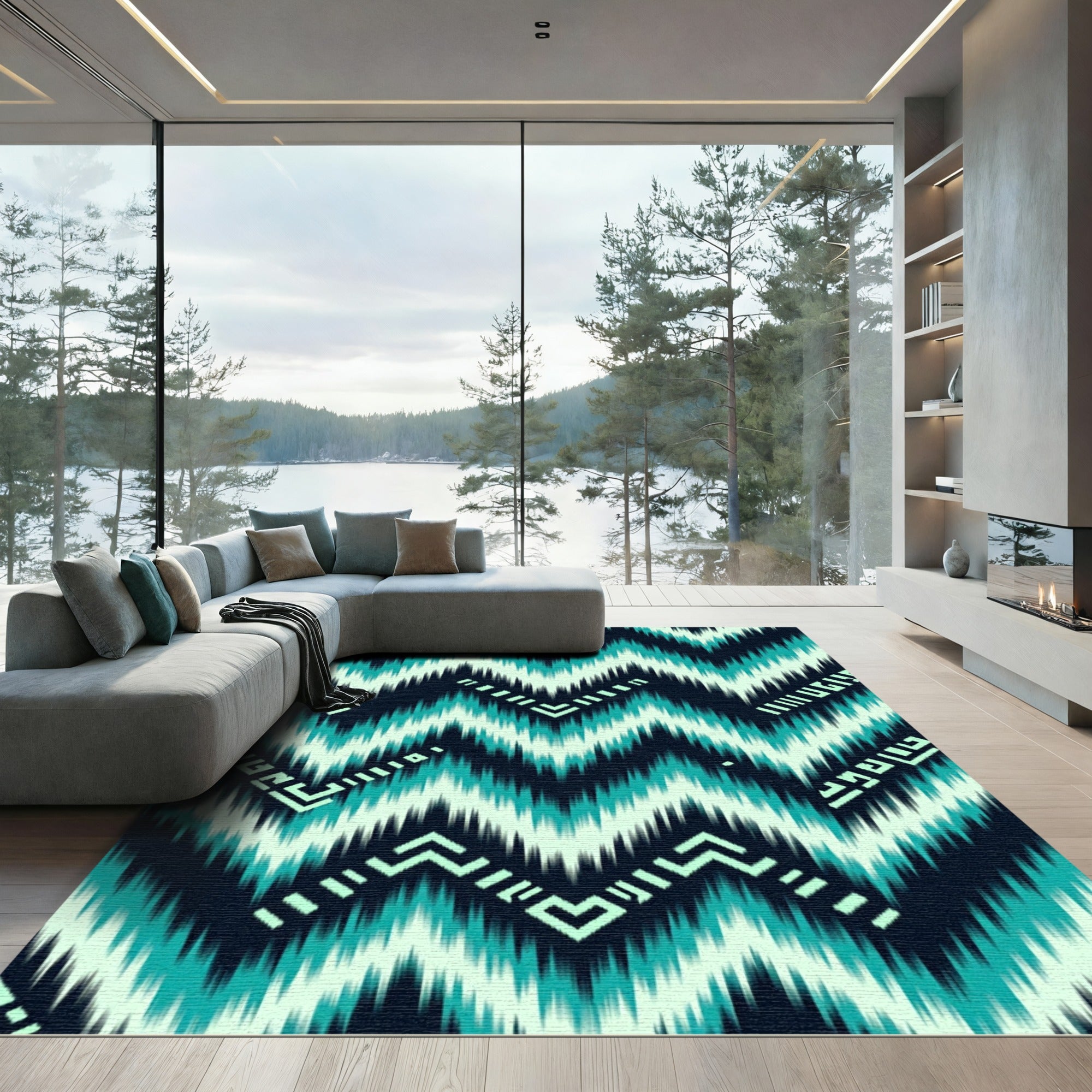 Teal and Dark Navy Chevron Ikat Rug
