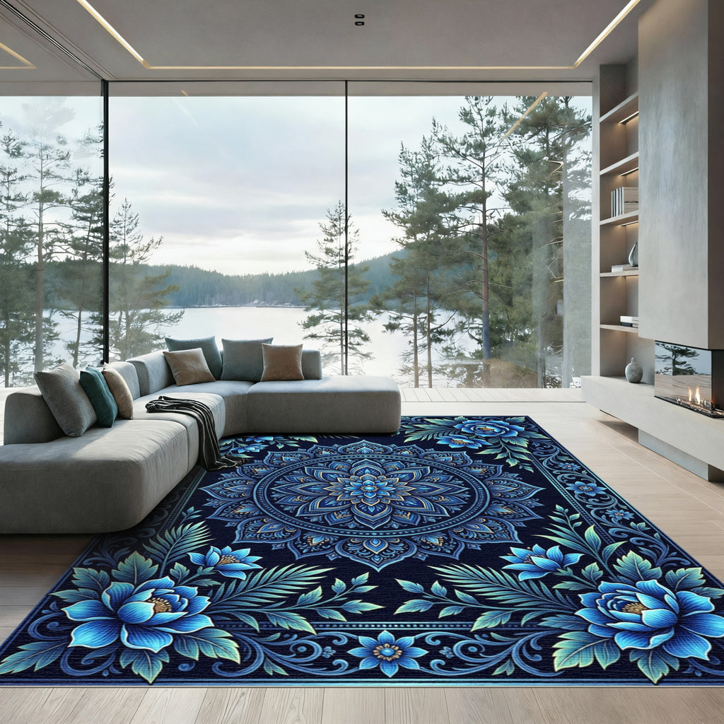Bold Indigo Floral Symmetrical Frame Rug