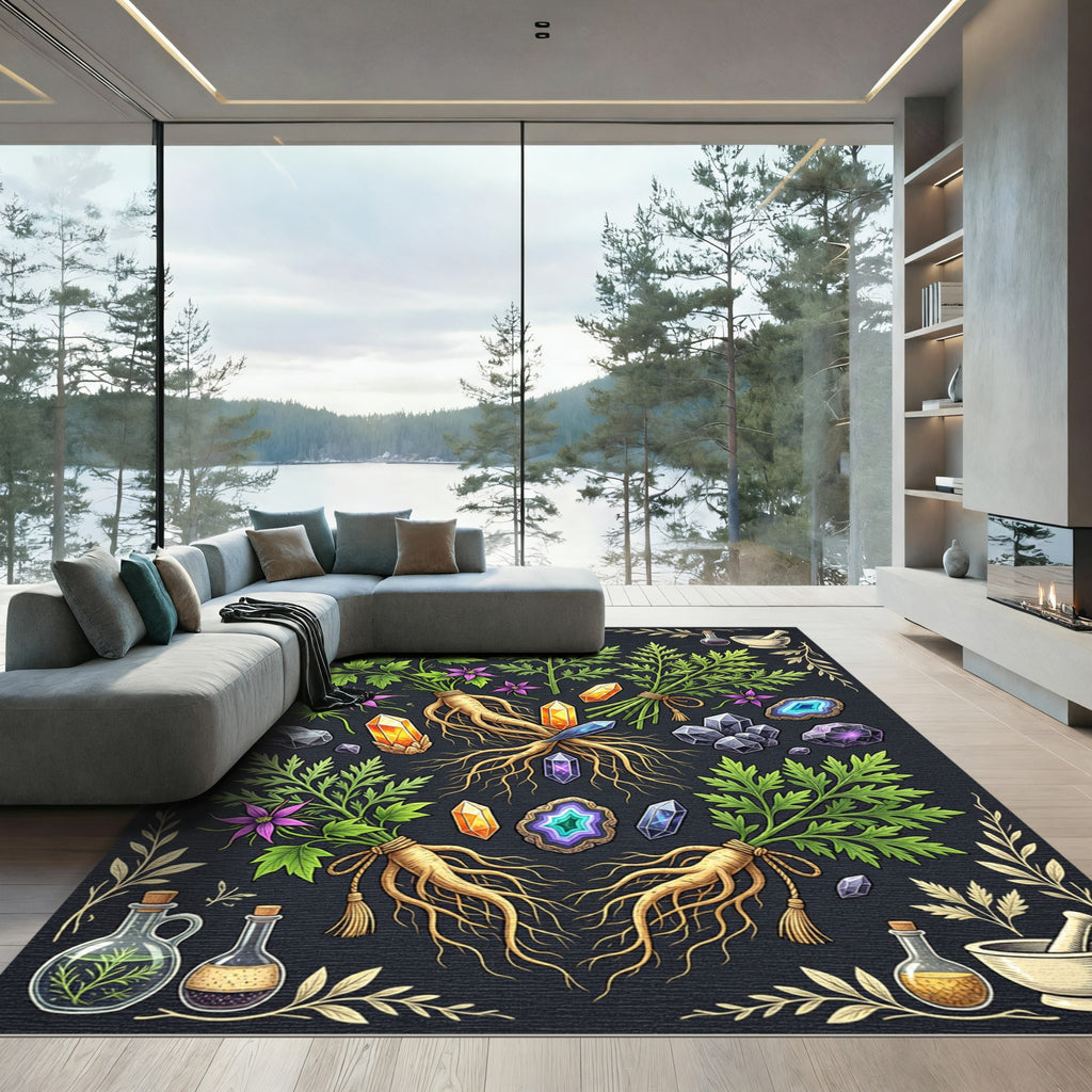 Mystical Botanical Crystal Herb Alchemy Rug