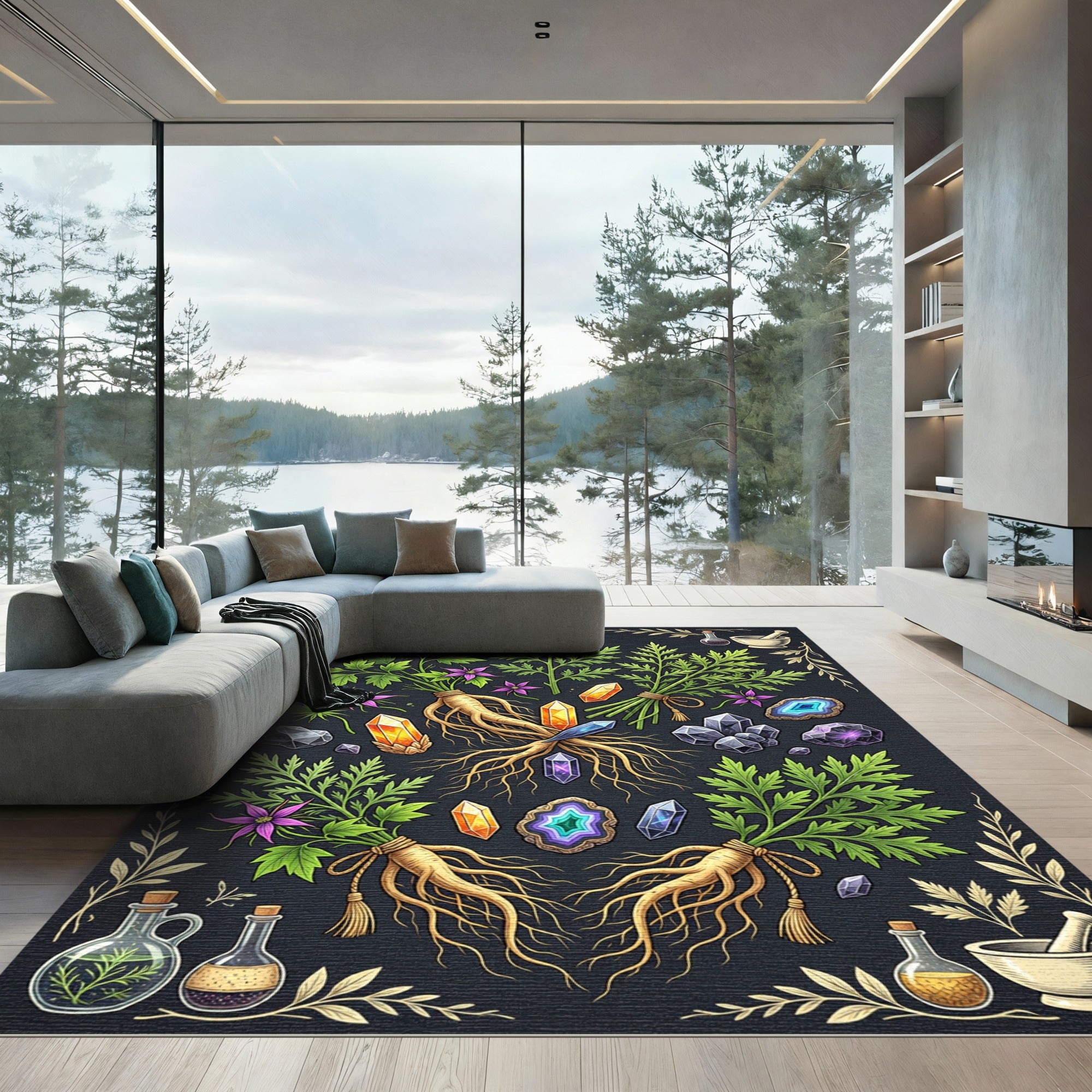 Mystical Botanical Crystal Herb Alchemy Rug