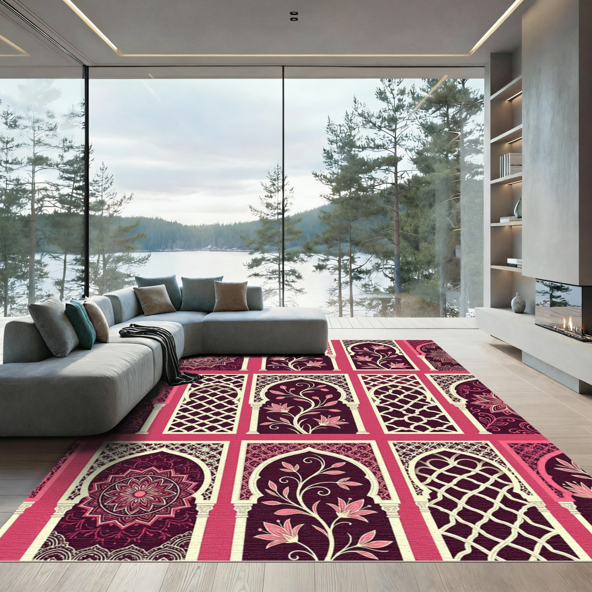 Blush Pink Floral Moorish Arch Tapestry Rug