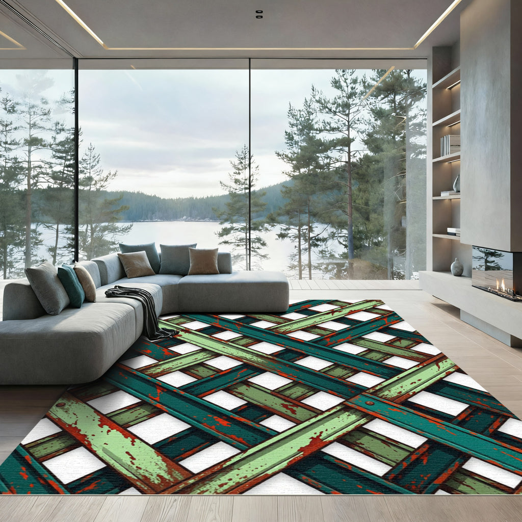 Green Distressed Lattice Weave Rug