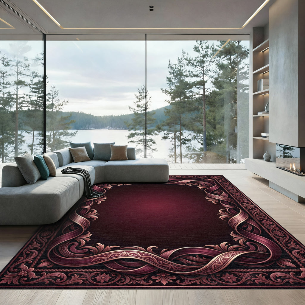 Ornate Burgundy Ribbon Scroll Border Rug