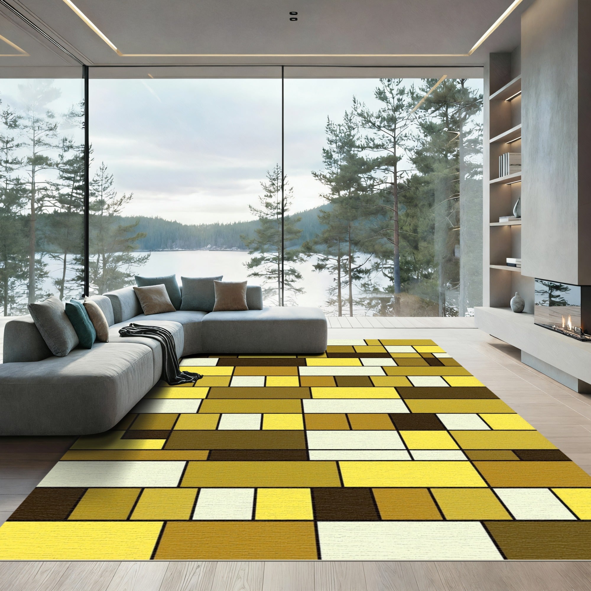 Geometric Golden Tones Abstract Grid Rug