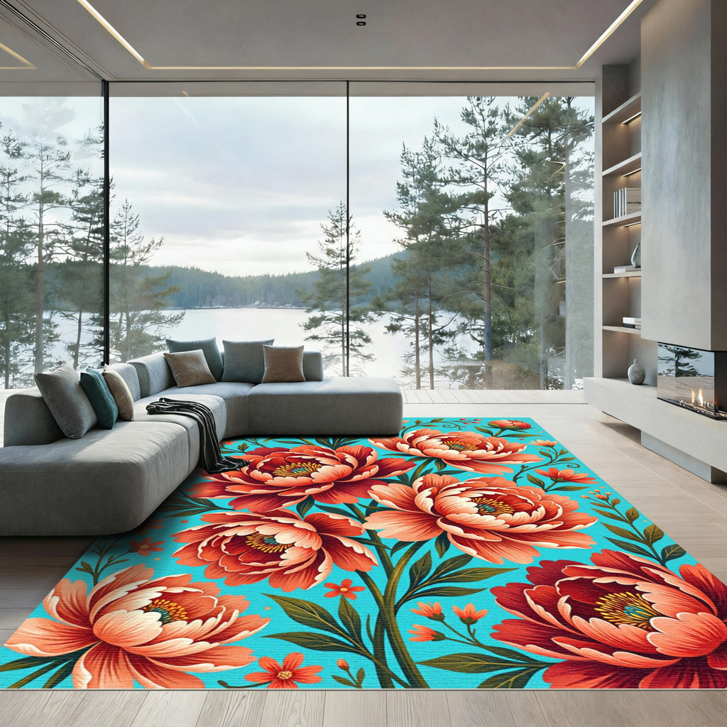 Vibrant Coral Peony Floral Bloom Rug