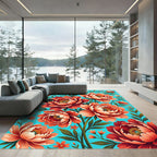 Vibrant Coral Peony Floral Bloom Rug