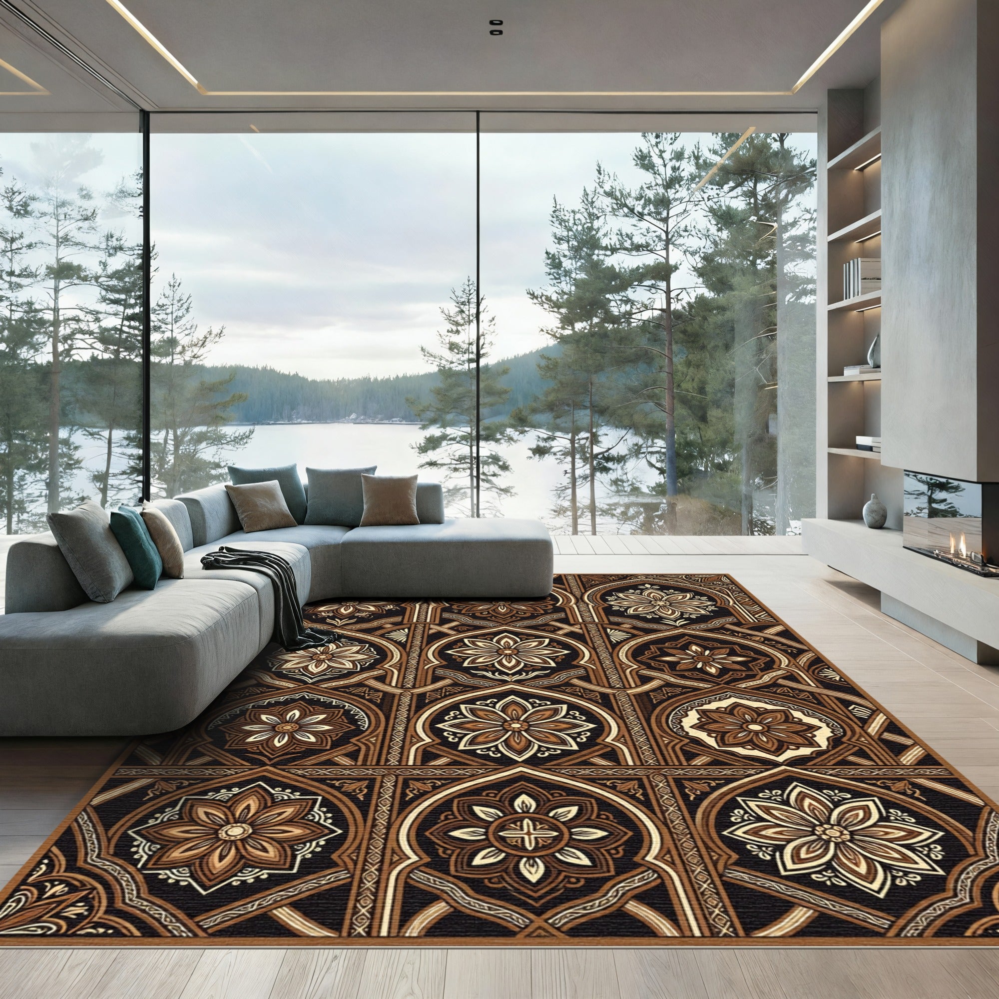 Elegant Copper Floral Arched Tile Rug