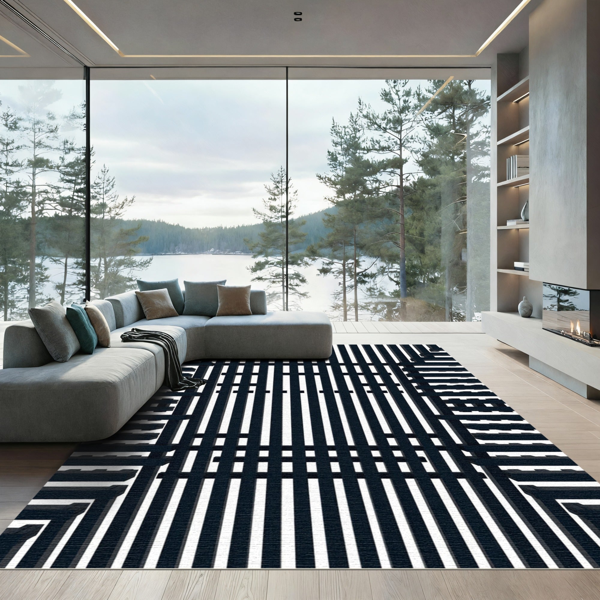 Black White Vertical Stripe Illusion Rug