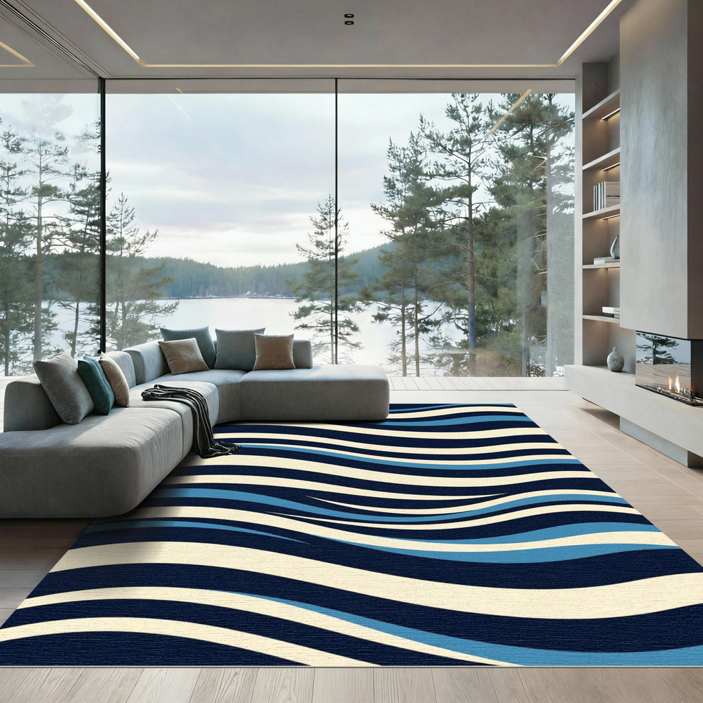 Modern Navy and Blue Wavy Stripe Rug