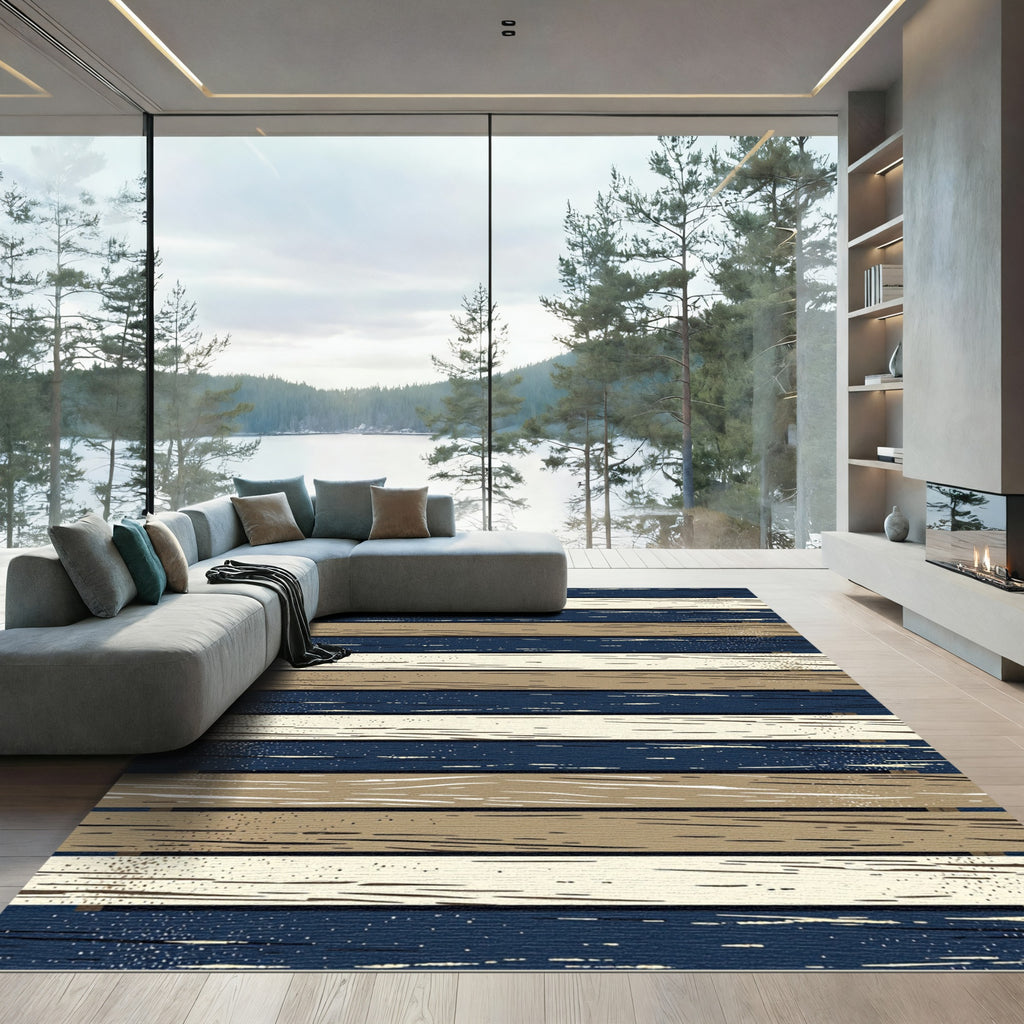 Coastal Navy and Tan Horizontal Plank Rug