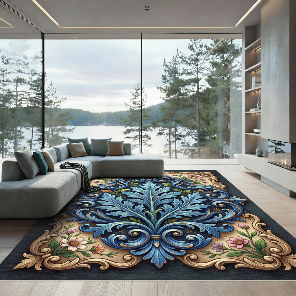 Ornate Blue Acanthus Leaf Floral Scroll Rug