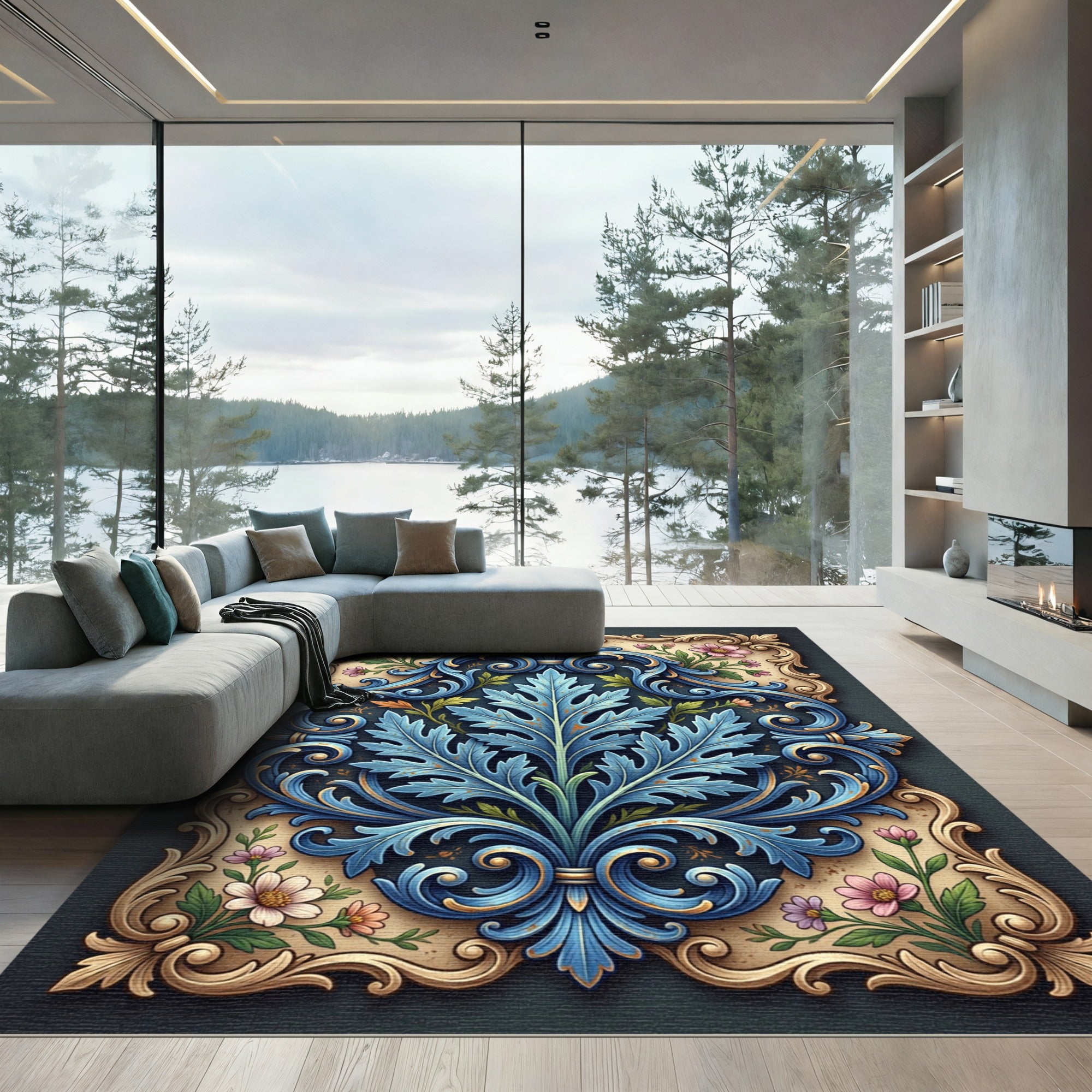 Ornate Blue Acanthus Leaf Floral Scroll Rug