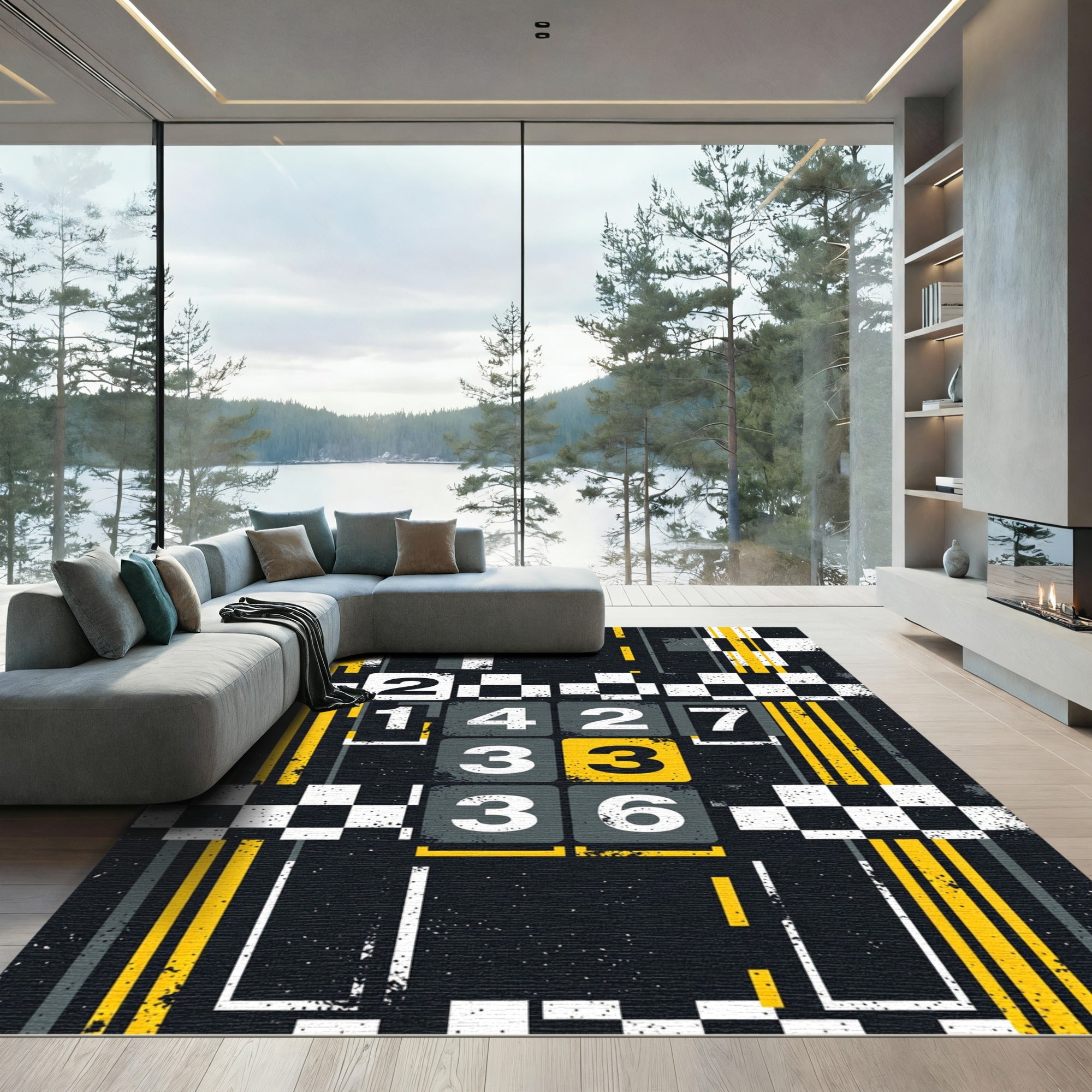 Modern Industrial Yellow Black Checkerboard Grid Rug