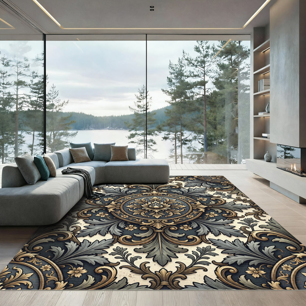 Ornate Gold and Slate Floral Medallion Rug