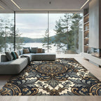 Ornate Gold and Slate Floral Medallion Rug