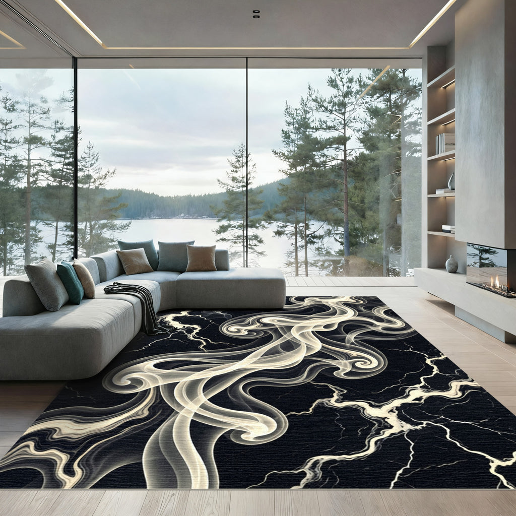Monochromatic Abstract Swirl Marble Statement Rug