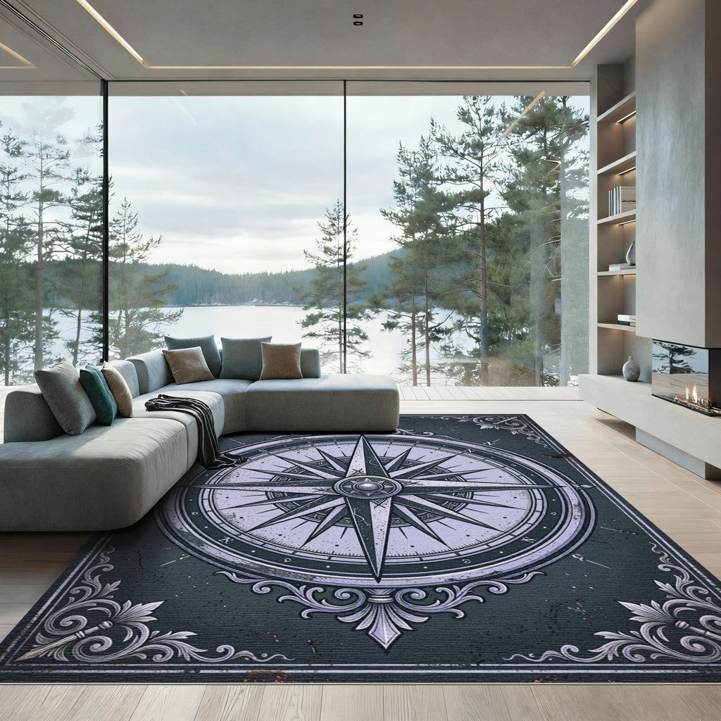 Vintage Slate Compass Rose Medallion Rug