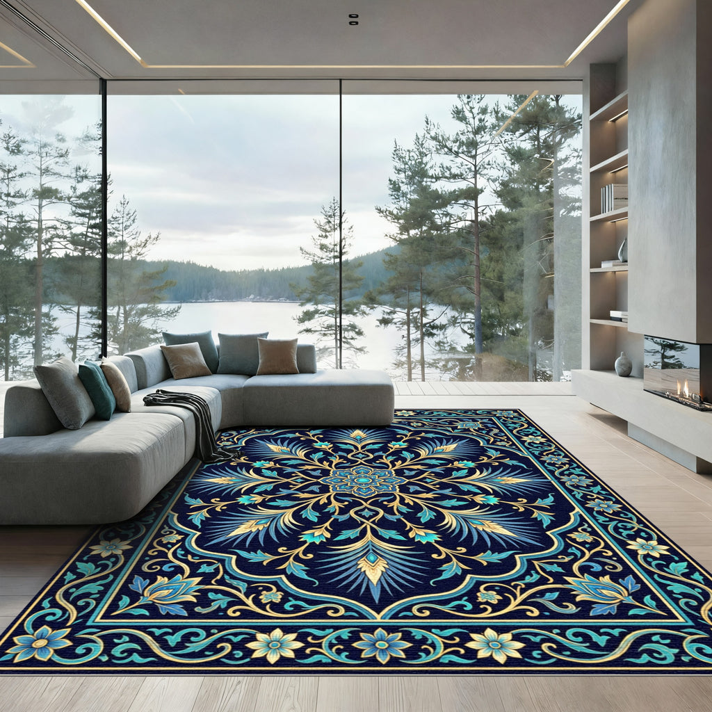 Deep Blue Floral Arch Medallion Rug