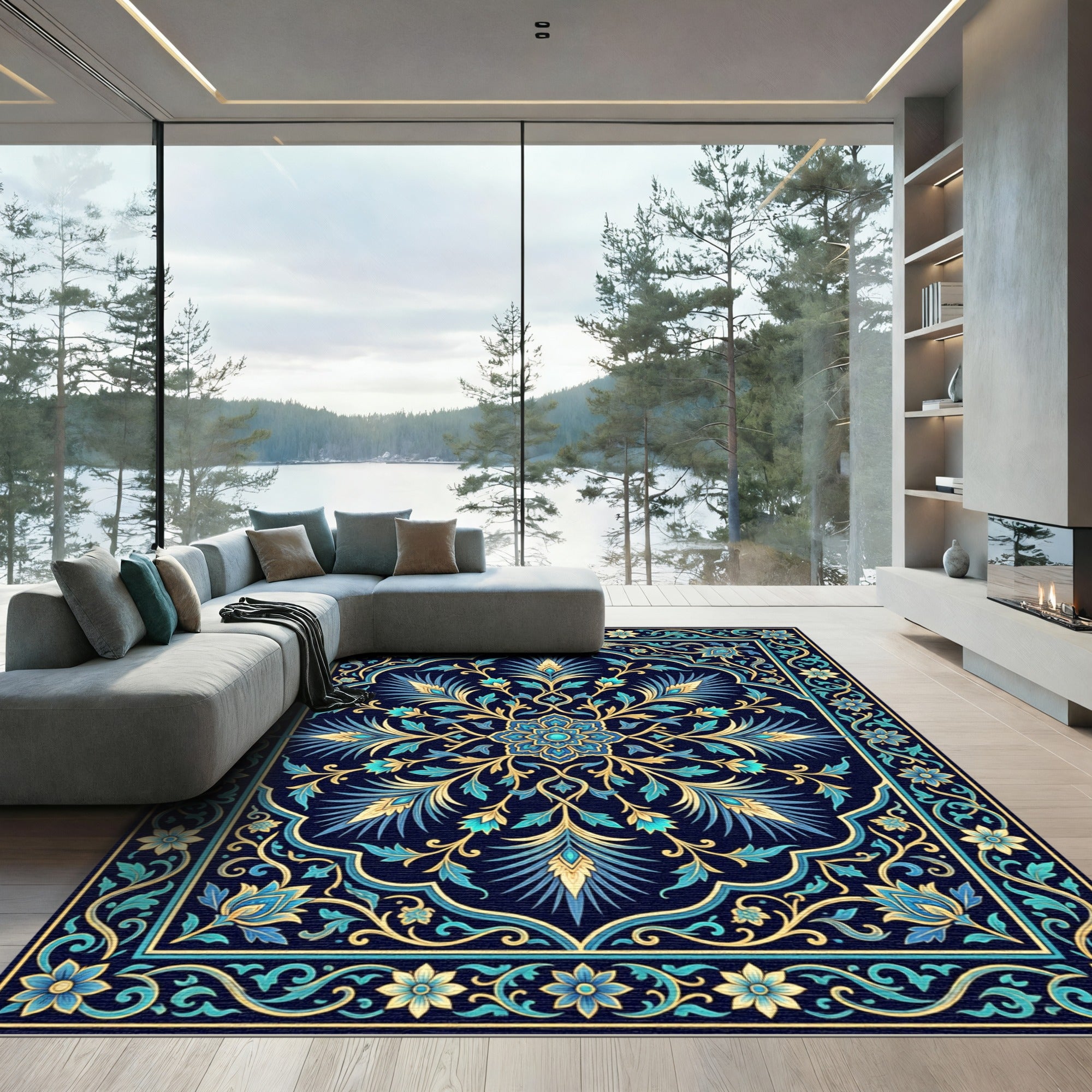 Deep Blue Floral Arch Medallion Rug